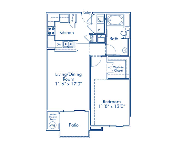 Blueprint of A1 Floor Plan, 1 Bedroom and 1 Bathroom at Camden Old Creek Apartments in San Marcos, CA