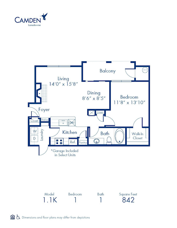 Blueprint of 1.1K Floor Plan, 1 Bedroom and 1 Bathroom at Camden Lansdowne Apartments in Lansdowne, VA
