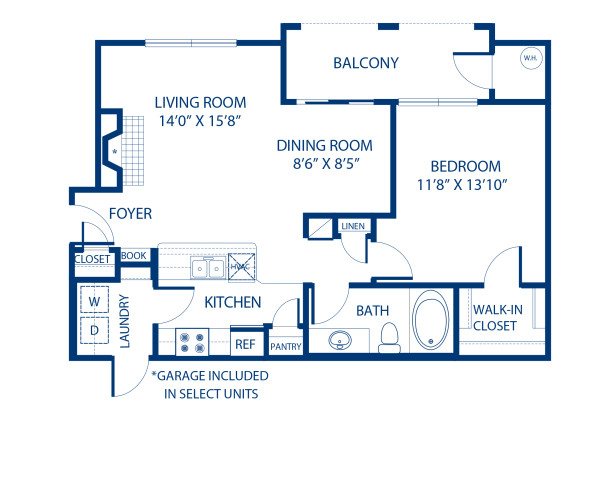 Blueprint of 1.1K Floor Plan, 1 Bedroom and 1 Bathroom at Camden Lansdowne Apartments in Lansdowne, VA