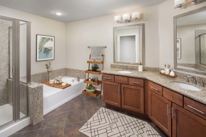 Five fixture main bathroom with granite countertops and luxury lighting