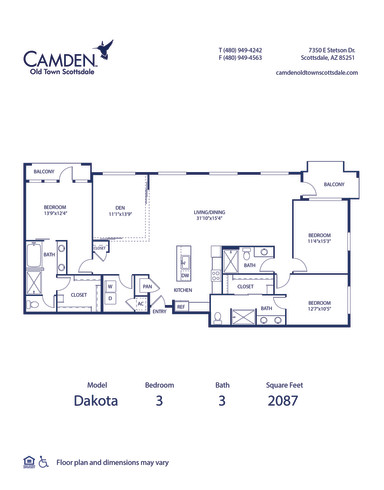 Camden Old Town Scottsdale apartments in Scottsdale, AZ three bedroom floor plan Dakota