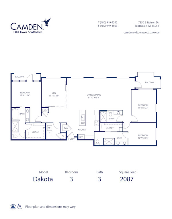 Camden Old Town Scottsdale apartments in Scottsdale, AZ three bedroom floor plan Dakota