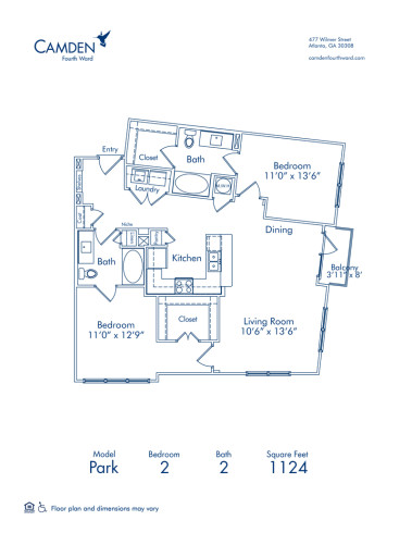 Blueprint of Park Floor Plan, 2 Bedrooms and 2 Bathrooms at Camden Fourth Ward Apartments in Atlanta, GA