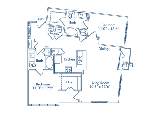 Blueprint of Park Floor Plan, 2 Bedrooms and 2 Bathrooms at Camden Fourth Ward Apartments in Atlanta, GA