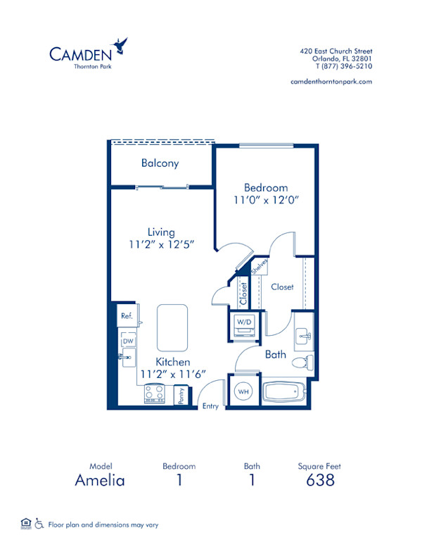 Blueprint of Amelia Floor Plan, one bedroom and one bathroom apartment home at Camden Thornton Park Apartments in Orlando, FL