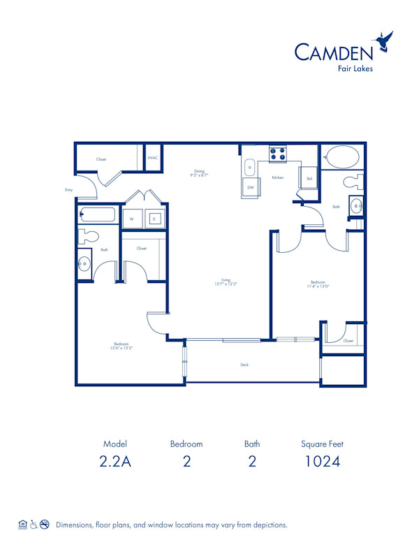 2.2A floor plan at Camden Fair Lakes apartments, 2 bed, 2 bath