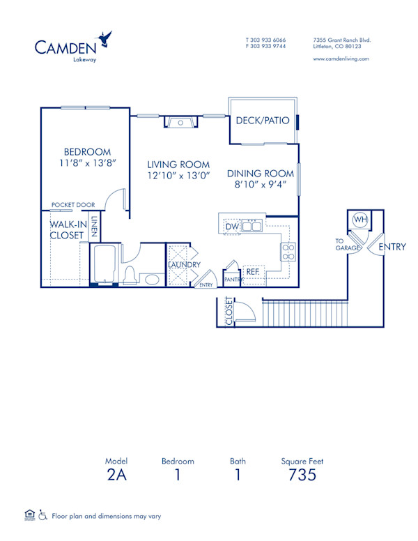Blueprint of 2A Floor Plan, 1 Bedroom and 1 Bathroom at Camden Lakeway Apartments in Lakewood, CO