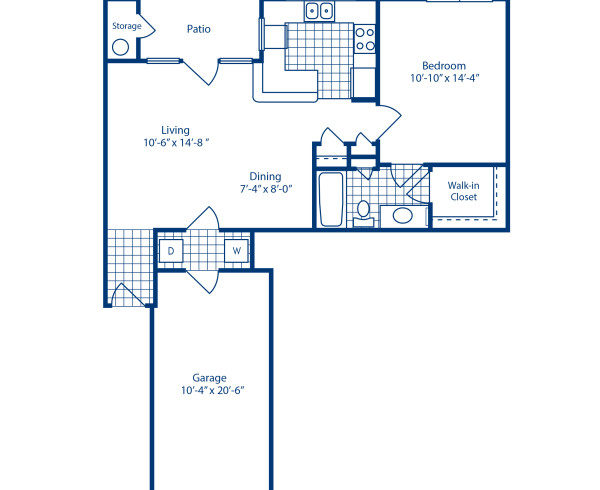 Blueprint of A2ER Floor Plan, 1 Bedroom and 1 Bathroom at Camden Legacy Creek Apartments in Plano, TX