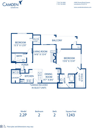 Blueprint of 2.2P Floor Plan, 2 Bedrooms and 2 Bathrooms at Camden Lansdowne Apartments in Lansdowne, VA