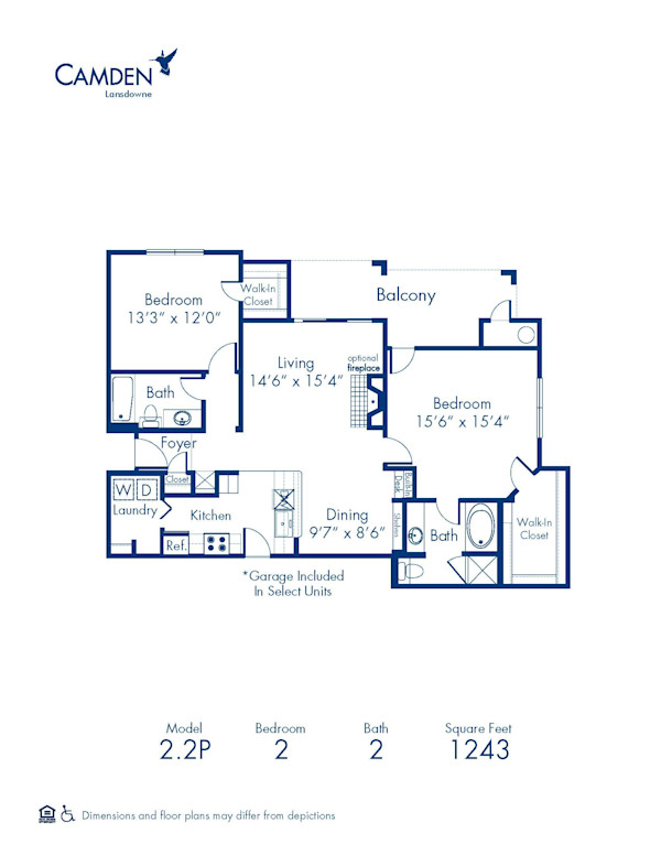 Blueprint of 2.2P Floor Plan, 2 Bedrooms and 2 Bathrooms at Camden Lansdowne Apartments in Lansdowne, VA