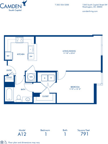 Blueprint of A12 Floor Plan, 1 Bedroom and 1 Bathroom at Camden South Capitol Apartments in Washington, DC
