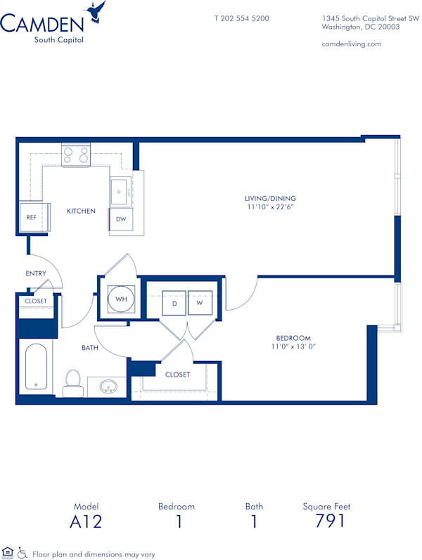 Blueprint of A12 Floor Plan, 1 Bedroom and 1 Bathroom at Camden South Capitol Apartments in Washington, DC
