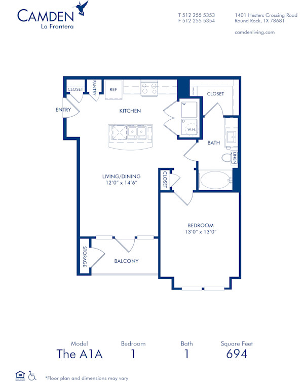 Blueprint of A1A Floor Plan, 1 Bedroom and 1 Bathroom at Camden La Frontera Apartments in Round Rock, TX