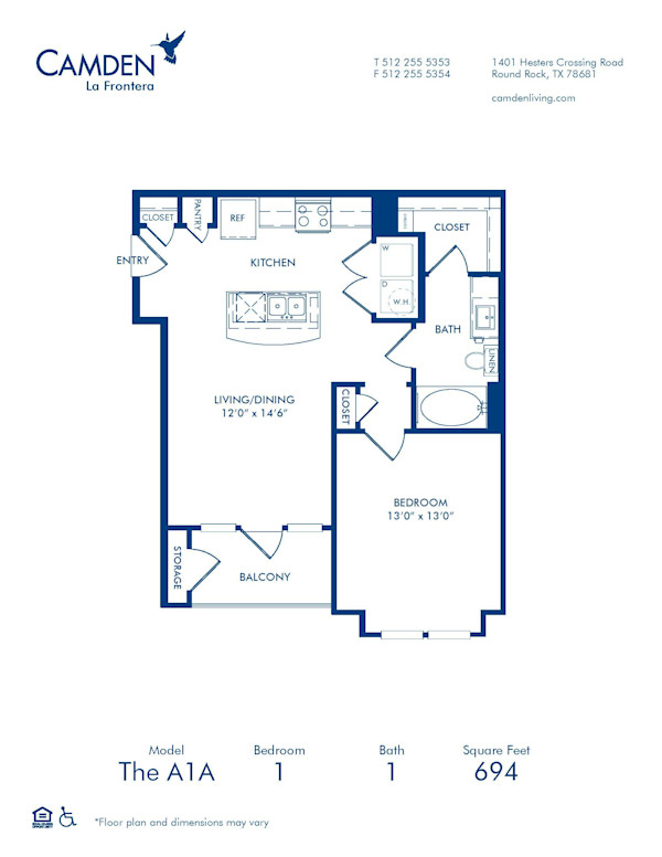 Blueprint of A1A Floor Plan, 1 Bedroom and 1 Bathroom at Camden La Frontera Apartments in Round Rock, TX