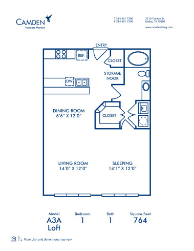 Blueprint of A3A - Loft Floor Plan, 1 Bedroom and 1 Bathroom at Camden Farmers Market Apartments in Dallas, TX
