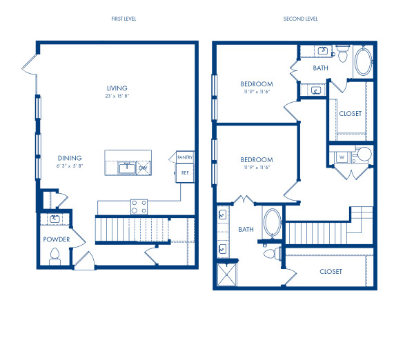 Camden Greenville Apartments, Dallas, TX, TH3 Flats Floor Plan, Two Bedroom-Two and a Half Bathroom Townhome