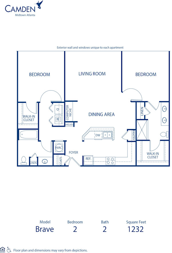 Blueprint of Brave Floor Plan, 2 Bedrooms and 2 Bathrooms at Camden Midtown Atlanta Apartments in Atlanta, GA