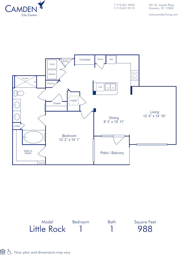 Blueprint of Little Rock Floor Plan, 1 Bedroom and 1 Bathroom at Camden City Centre Apartments in Houston, TX