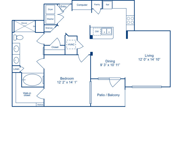 Blueprint of Little Rock Floor Plan, 1 Bedroom and 1 Bathroom at Camden City Centre Apartments in Houston, TX