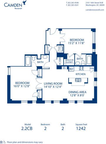 Blueprint of 2.2CB Floor Plan, 2 Bedrooms and 2 Bathrooms at Camden Roosevelt Apartments in Washington, DC