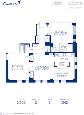 Blueprint of 2.2CB Floor Plan, 2 Bedrooms and 2 Bathrooms at Camden Roosevelt Apartments in Washington, DC