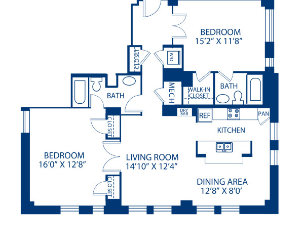 Blueprint of 2.2CB Floor Plan, 2 Bedrooms and 2 Bathrooms at Camden Roosevelt Apartments in Washington, DC