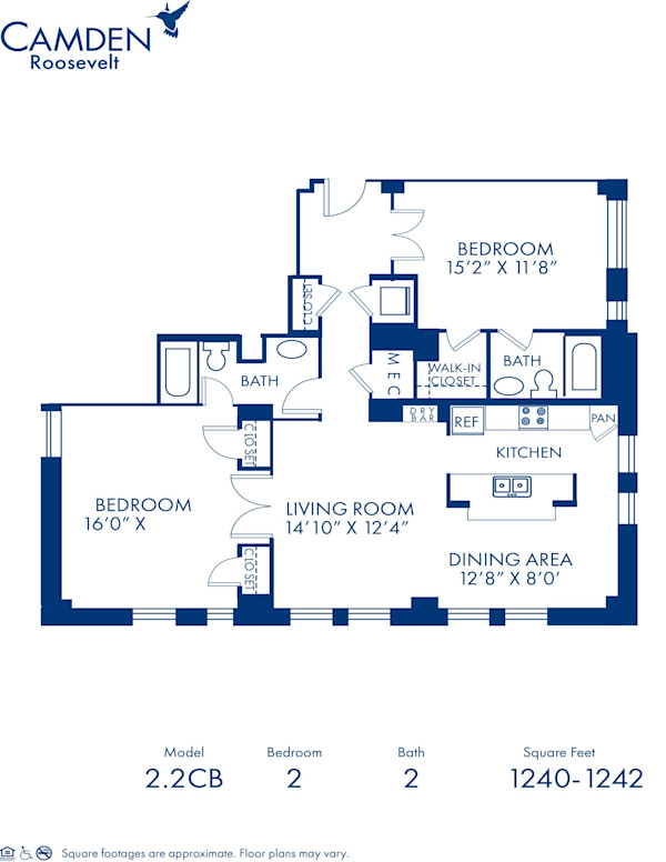 Blueprint of 2.2CB Floor Plan, 2 Bedrooms and 2 Bathrooms at Camden Roosevelt Apartments in Washington, DC