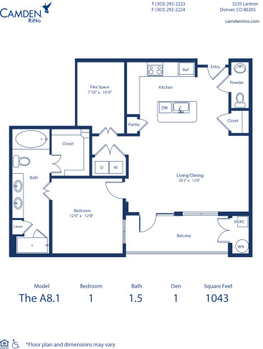 Camden Rino apartments in Denver one bedroom floor plan diagram, The A8.1