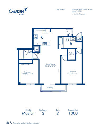 Blueprint of Mayfair Floor Plan, 2 Bedrooms and 2 Bathrooms at Camden Brickell Apartments in Miami, FL
