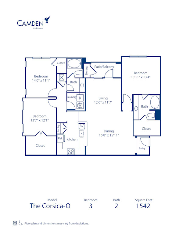 Blueprint of Corsica O Floor Plan, 3 Bedrooms and 2 Bathrooms at Camden Yorktown Apartments in Houston, TX