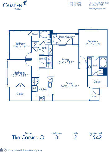 Blueprint of Corsica O Floor Plan, 3 Bedrooms and 2 Bathrooms at Camden Yorktown Apartments in Houston, TX