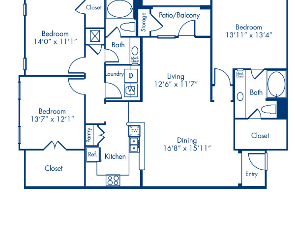 Blueprint of Corsica O Floor Plan, 3 Bedrooms and 2 Bathrooms at Camden Yorktown Apartments in Houston, TX