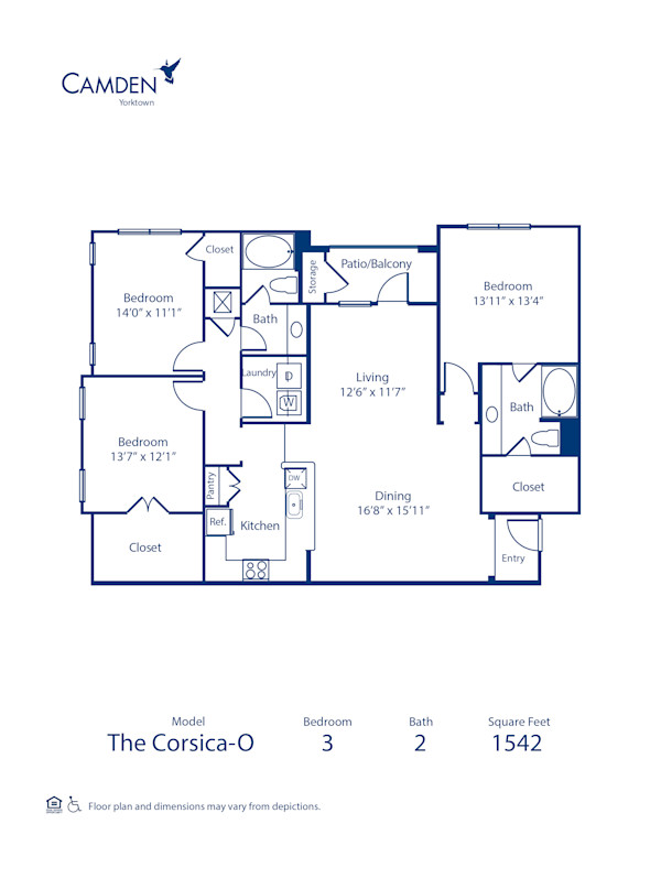 Blueprint of Corsica O Floor Plan, 3 Bedrooms and 2 Bathrooms at Camden Yorktown Apartments in Houston, TX