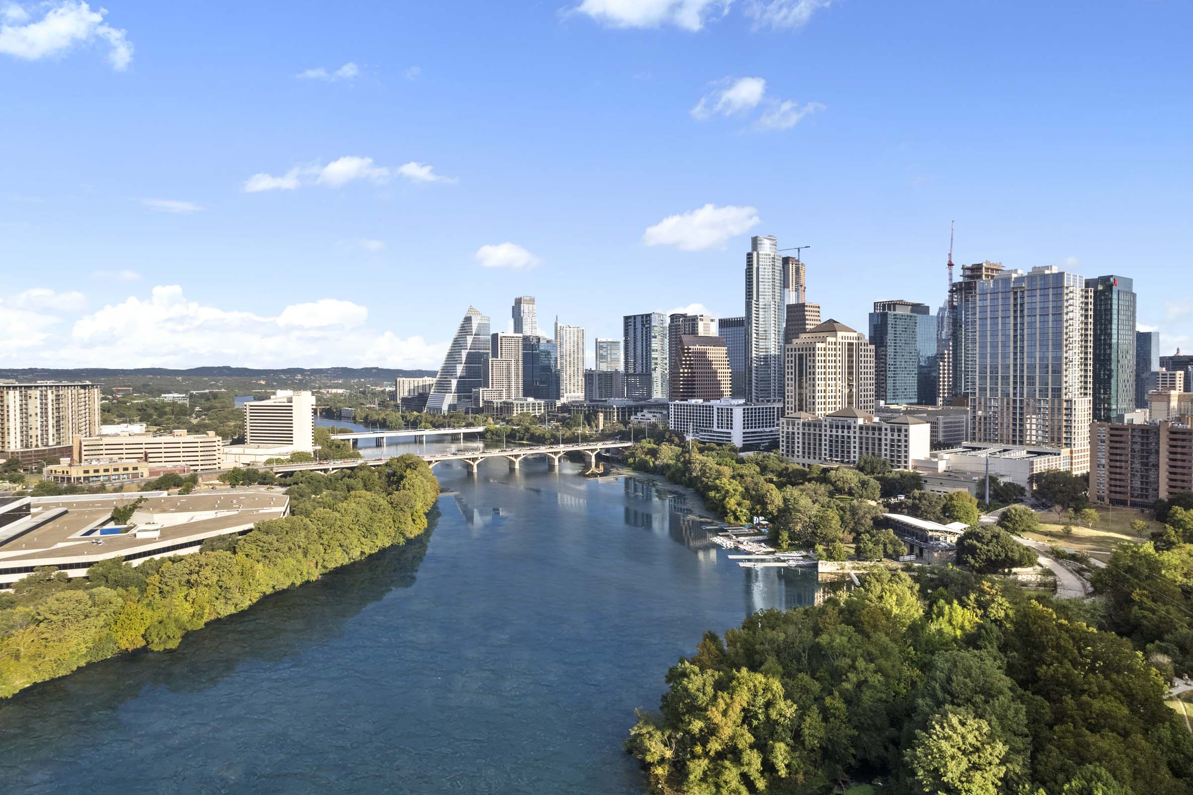 Aerial view of Lady Bird Lake and downtown Austin near Camden Rainey Street