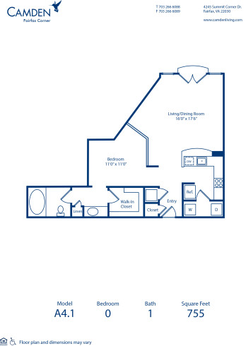 Blueprint of A4.1 Floor Plan, Studio with 1 Bathroom at Camden Fairfax Corner Apartments in Fairfax, VA