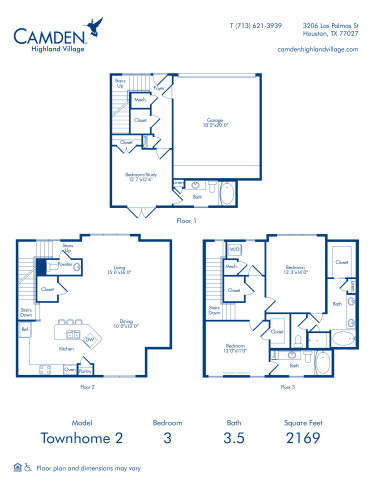 Camden Highland Village apartments in Houston, TX three bedroom townhome 2 blueprint