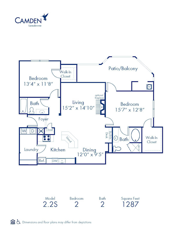 Blueprint of 2.2S Floor Plan, 2 Bedrooms and 2 Bathrooms at Camden Lansdowne Apartments in Lansdowne, VA