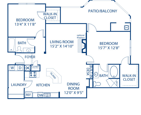 Blueprint of 2.2S Floor Plan, 2 Bedrooms and 2 Bathrooms at Camden Lansdowne Apartments in Lansdowne, VA