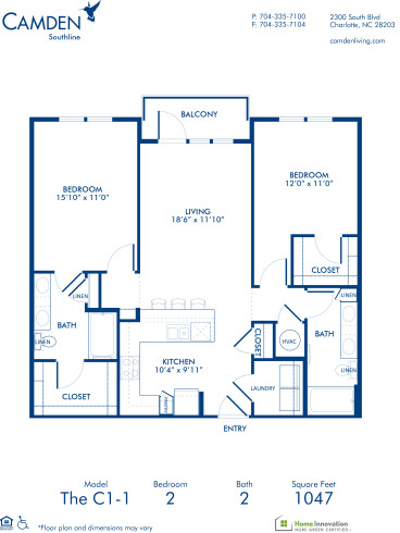 Blueprint of C1-1 Floor Plan, 2 Bedrooms and 2 Bathrooms at Camden Southline Apartments in Charlotte, NC