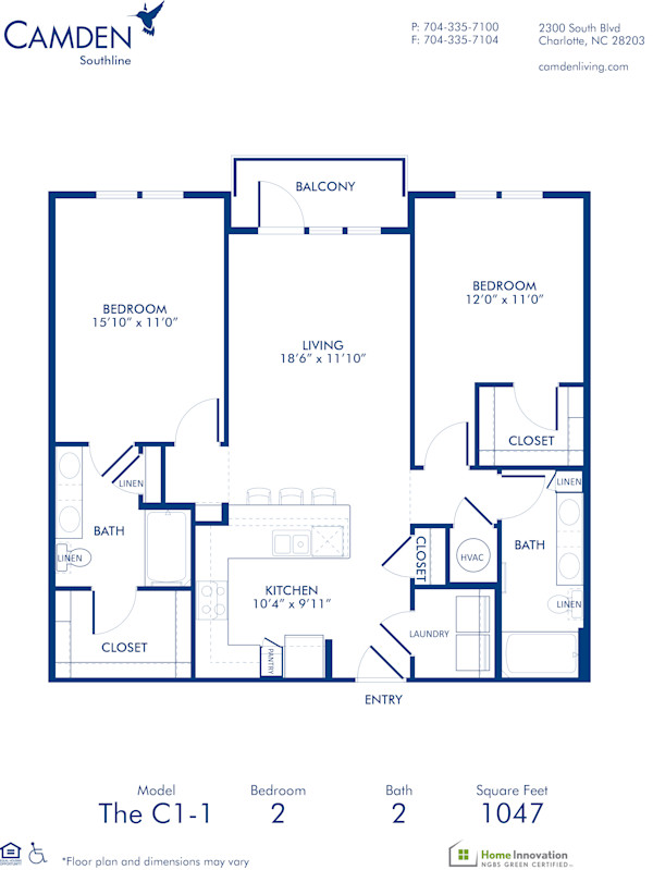 Blueprint of C1-1 Floor Plan, 2 Bedrooms and 2 Bathrooms at Camden Southline Apartments in Charlotte, NC