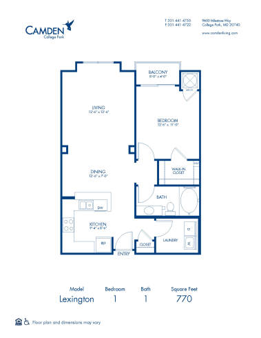 Blueprint of Lexington Floor Plan, 1 Bedroom and 1 Bathroom at Camden College Park Apartments in College Park, MD