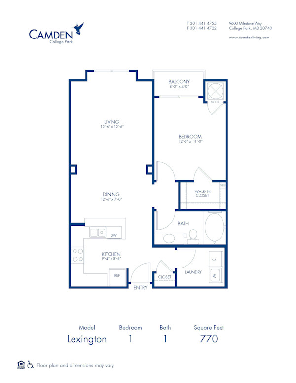 Blueprint of Lexington Floor Plan, 1 Bedroom and 1 Bathroom at Camden College Park Apartments in College Park, MD