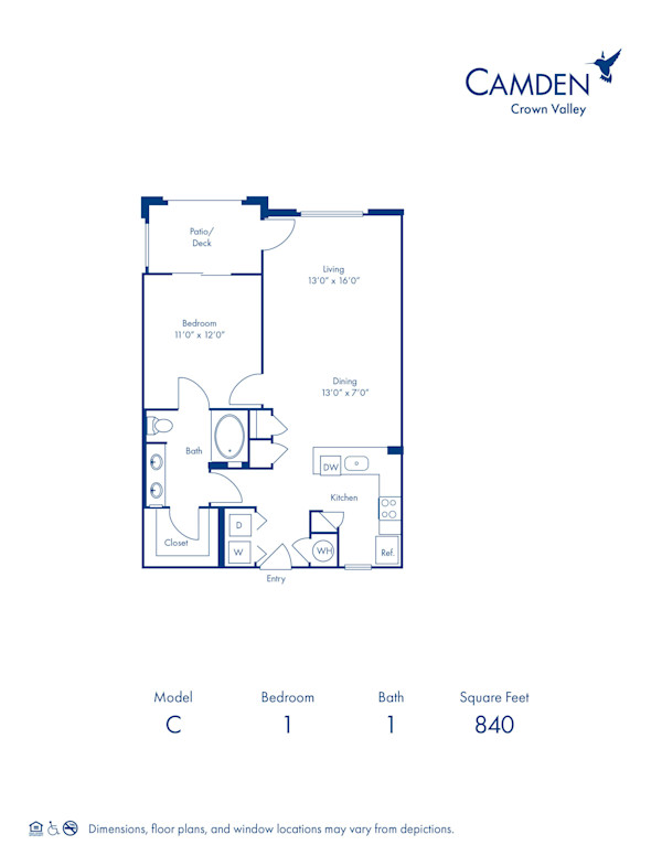 Blueprint of C Floor Plan, 1 Bedroom and 1 Bathroom at Camden Crown Valley Apartments in Mission Viejo, CA