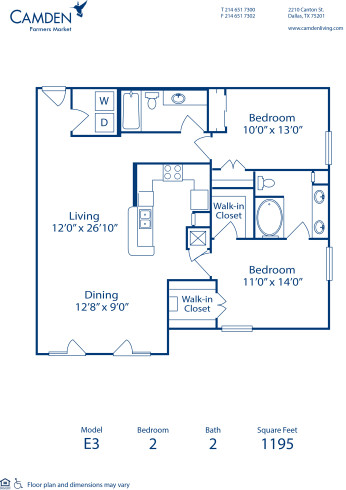 Blueprint of E3 Floor Plan, 2 Bedrooms and 2 Bathrooms at Camden Farmers Market Apartments in Dallas, TX
