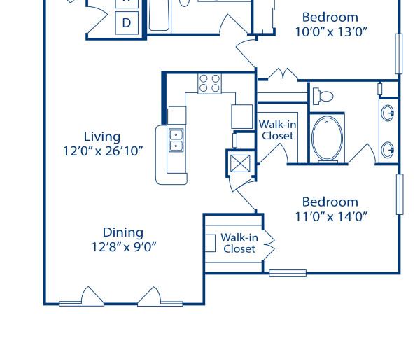 Blueprint of E3 Floor Plan, 2 Bedrooms and 2 Bathrooms at Camden Farmers Market Apartments in Dallas, TX