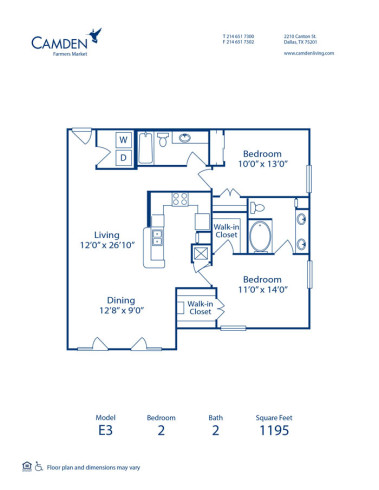 Blueprint of E3 Floor Plan, 2 Bedrooms and 2 Bathrooms at Camden Farmers Market Apartments in Dallas, TX