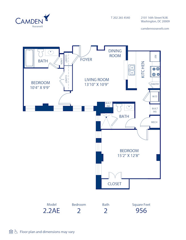 Blueprint of 2.2AE Floor Plan, 2 Bedrooms and 2 Bathrooms at Camden Roosevelt Apartments in Washington, DC