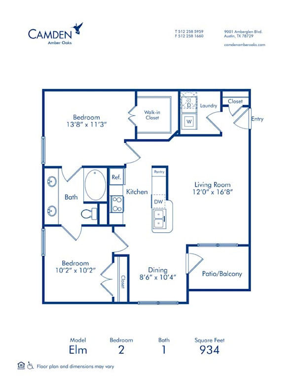 Blueprint of Elm Floor Plan, 2 Bedrooms and 1 Bathroom at Camden Amber Oaks Apartments in Austin, TX