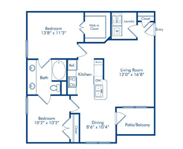 Blueprint of Elm Floor Plan, 2 Bedrooms and 1 Bathroom at Camden Amber Oaks Apartments in Austin, TX