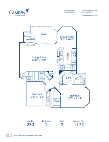 Blueprint of 2B3 Floor Plan, 2 Bedrooms and 2 Bathrooms at Camden Gaines Ranch Apartments in Austin, TX